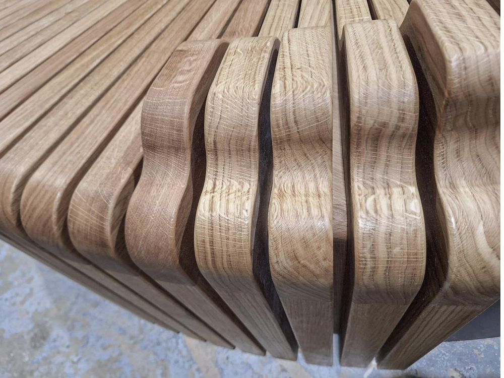 Close-up detail of curved bench joinery